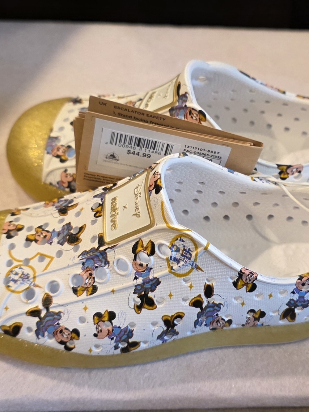 Disney Native White & Gold Minnie Mouse Slip-On Clogs, Brand New With Tags.
